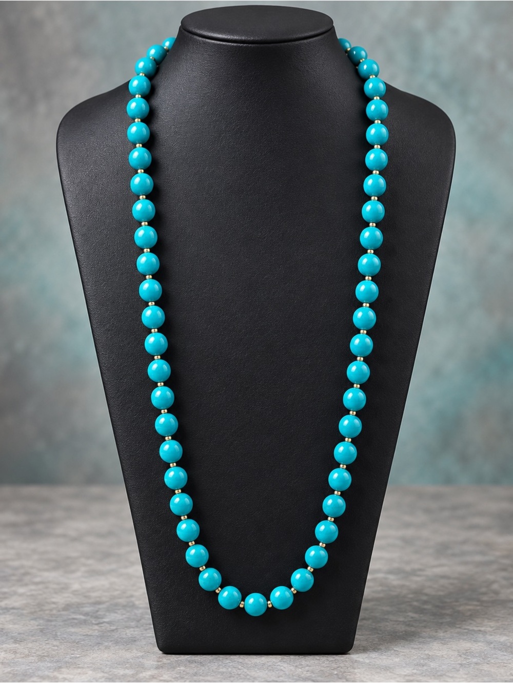 Vintage Signed Crown Trifari Turquoise Blue Bead Necklace Gold Tone 30in